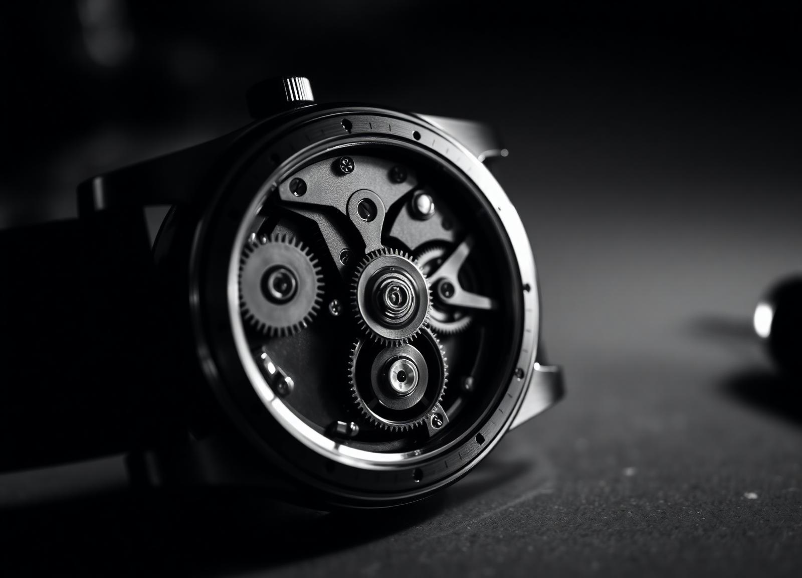 Macro of a mechanical watch movement.